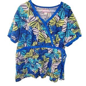 Koi by Kathy Peterson Womens Mock Wrap Scrub Top Size 3X Butterfly Blue Nurse